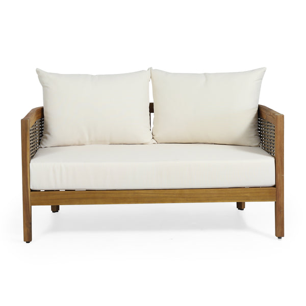 English Elm Christopher Knight Home® - 2 Outdoor Acacia Loveseat Set with Faux Rattan, Plush 6" Cushions & Slatted Coffee Table, Beige 71368.00