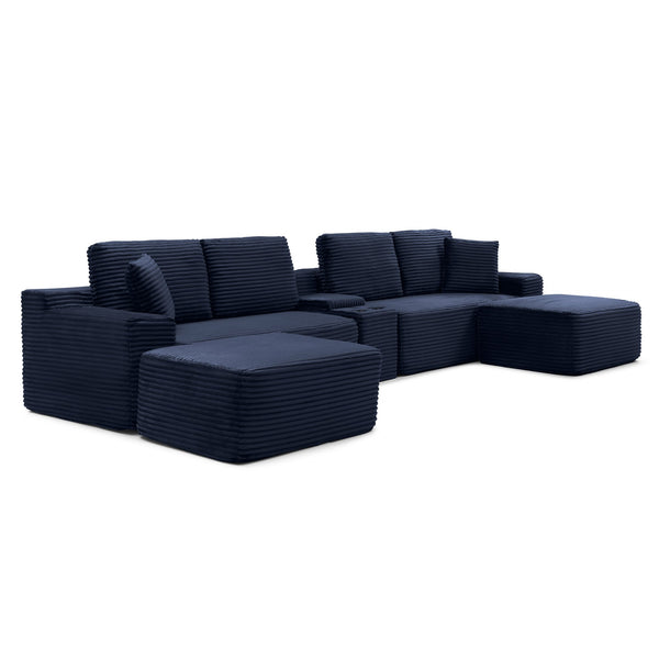 English Elm 125'' Modular L-shape Sectional Corduroy Cloud Couch with Storage and Usb Charging Blue W1117S00423