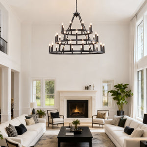 English Elm 39.37 Inch Three Tier Wagon Wheel Chandelier 36 Light Black Metal for High Ceilings W5008P392646