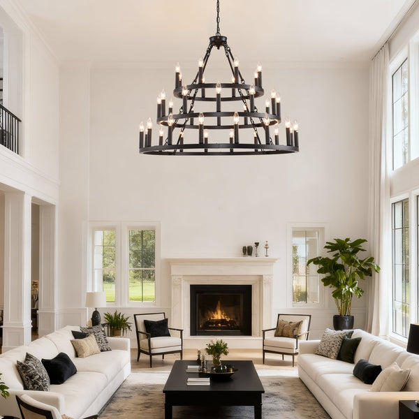 English Elm 39.37 Inch Three Tier Wagon Wheel Chandelier 36 Light Black Metal for High Ceilings W5008P392646