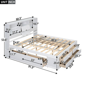 English Elm King Platform Bed with 8 Drawers Open Headboard Compartments and Pine Wood Frame White GX000454AAK-1