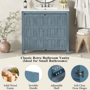 English Elm 36" Bathroom Vanity Organizer with Ceramic Sink, Solid Wood Distressed Finish, Hand-Painted Charm and Ample Storage Retro Blue N729P255666C