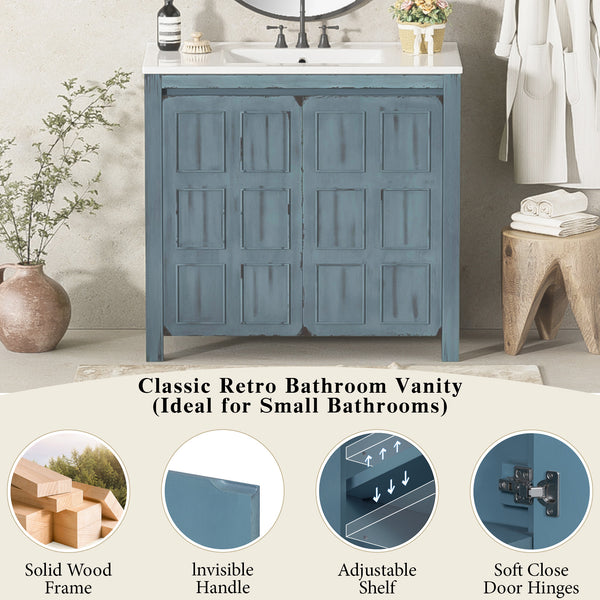 English Elm 36" Bathroom Vanity Organizer with Ceramic Sink, Solid Wood Distressed Finish, Hand-Painted Charm and Ample Storage Retro Blue N729P255666C