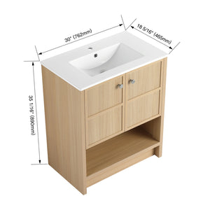 English Elm 30" Freestanding Bathroom Vanity with Ceramic Sink, Oak Plywood Finish, Soft-Closing Doors, Open Shelf W1972S00024