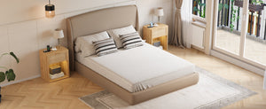 English Elm Upholstered Queen Platform Bed Curved Wingback Linen Headboard Modern Bedroom Frame Brown N733S439498N