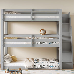 English Elm Full Size Triple Bunk Bed Solid Pine Frame with Storage Staircase Separate Convertible Design Gray N7090000477E