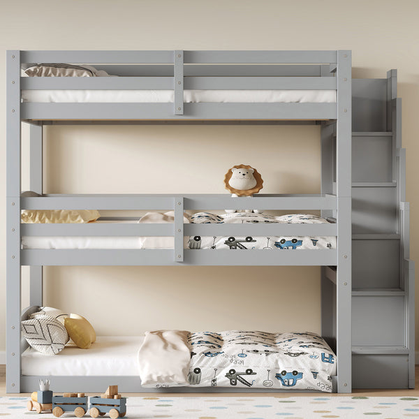 English Elm Full Size Triple Bunk Bed Solid Pine Frame with Storage Staircase Separate Convertible Design Gray N7090000477E