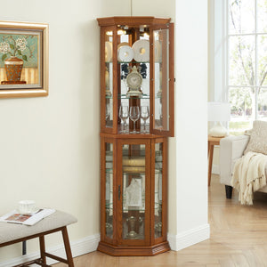 English Elm Lighted Corner Curio Cabinet - Elegant Display Shelf With Adjustable Glass Shelves & Ambient Lighting W1758P300137
