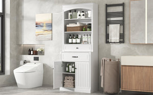 English Elm White Bathroom Storage Cabinet with Zinc Alloy Knobs, Adjustable Shelves, Smooth Drawers & Open Shelves for Organized, Durable MDF Storage (78.7" H) N725P252486K