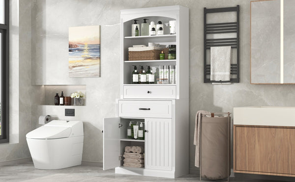 English Elm White Bathroom Storage Cabinet with Zinc Alloy Knobs, Adjustable Shelves, Smooth Drawers & Open Shelves for Organized, Durable MDF Storage (78.7" H) N725P252486K