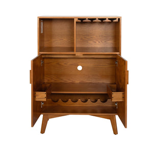 English Elm 31.5" Rustic Wine Cabinet with Solid Wood Handles & Feet, 6-Bottle Rack, 4-Row Glass Holder, Adjustable Shelves W1801P195634