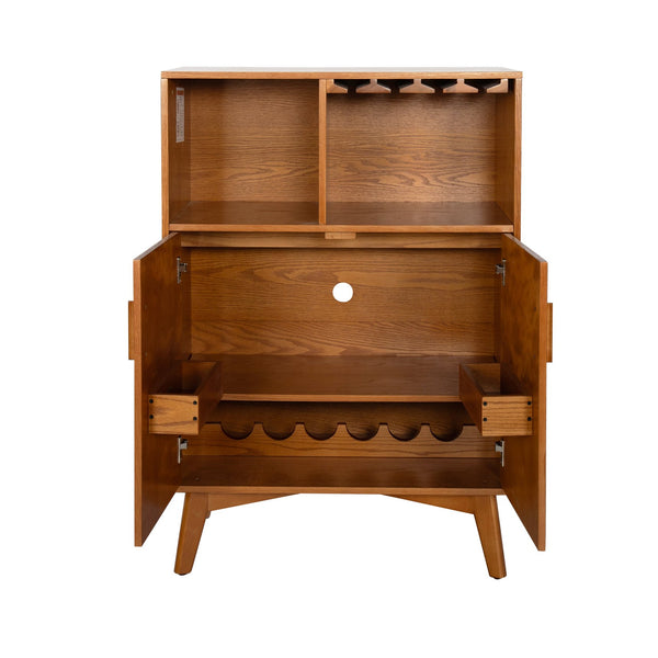 English Elm 31.5" Rustic Wine Cabinet with Solid Wood Handles & Feet, 6-Bottle Rack, 4-Row Glass Holder, Adjustable Shelves W1801P195634