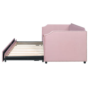English Elm Twin Velvet Upholstered Daybed with Pop up Trundle for Guest or Kids Rooms Pink SF000197AAH