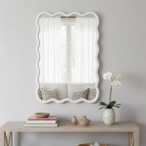 English Elm White 24"x36" Wavy Rectangle Solid Wood Frame Mirror - Elegant Bohemian Design, Tempered Glass Clarity W2203P389034