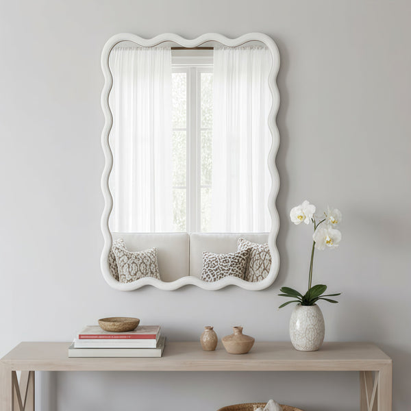 English Elm White 24"x36" Wavy Rectangle Solid Wood Frame Mirror - Elegant Bohemian Design, Tempered Glass Clarity W2203P389034