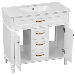 English Elm 36 Inch Bathroom Vanity with Ceramic Sink, Durable MDF & Solid Wood Frame, Soft-Close Doors, Luxe Handles, Ample Organized Storage, Modern Freestanding Design White N725P314034K