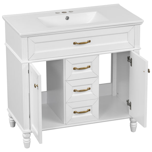 English Elm 36 Inch Bathroom Vanity with Ceramic Sink, Durable MDF & Solid Wood Frame, Soft-Close Doors, Luxe Handles, Ample Organized Storage, Modern Freestanding Design White N725P314034K