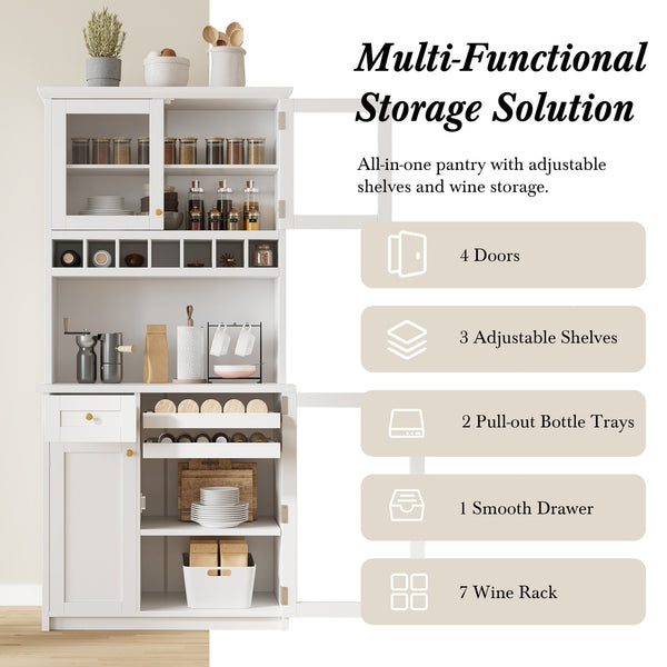 English Elm Topmax Farmhouse Buffet Hutch with Wine Rack Shaker Glass Pantry Cabinet White N717P327043K