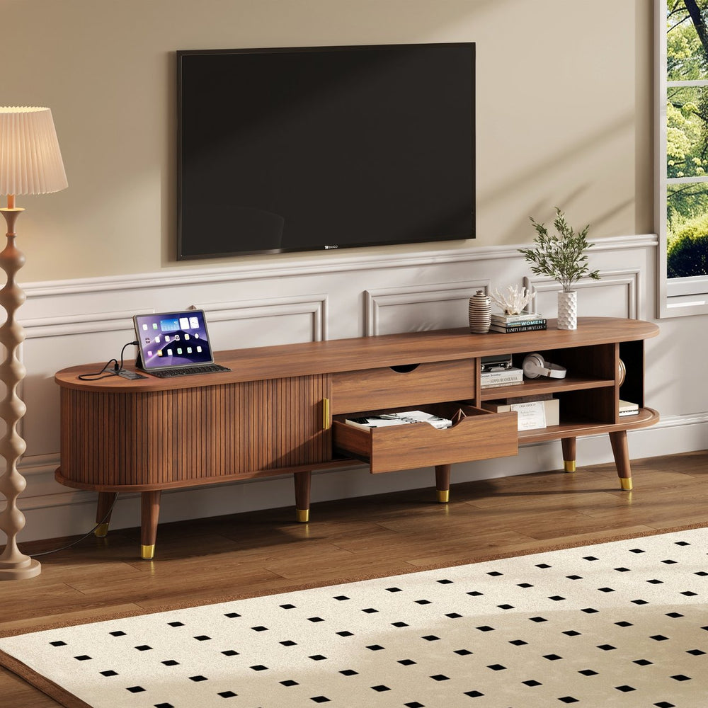 English Elm Wooden Fluted Tambour Media Console Mid Century Modern Tv Stand with Built in Charging Walnut N721P428444D