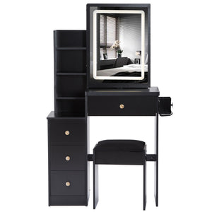 English Elm 29.2" Stylish Left Bedside Vanity Table Set With Led Mirror, Power Station & Cushioned Stool For Comfort W936P202471