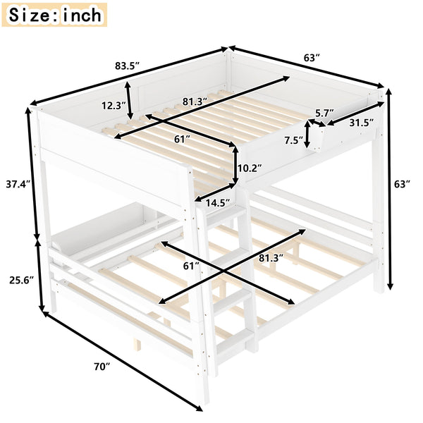 English Elm Queen Over Bunk Bed Pine Frame with Built in Shelving Detachable Vintage Style White W5316S00014