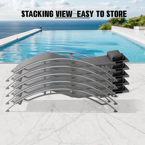 English Elm Pool Lounge Chairs Set of 2 Aluminum Frame Textilene Chaise with 5 Recline Positions & Neck Pillow Dark Gray W1859P321409