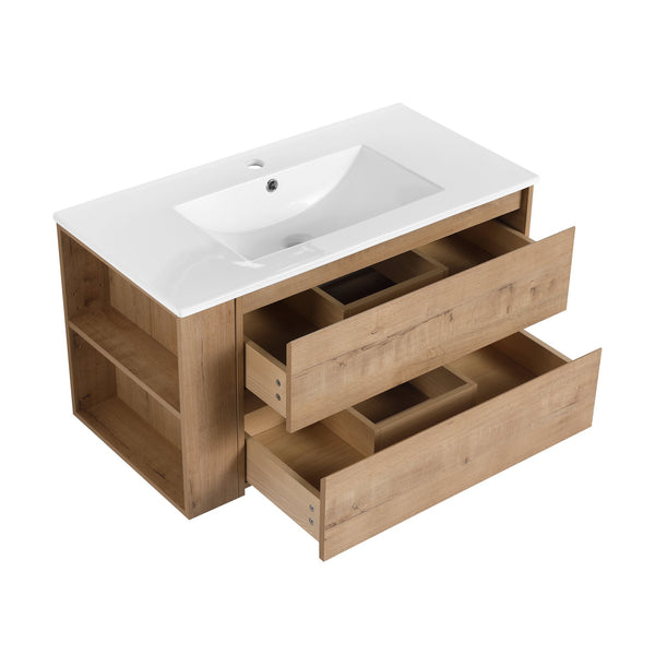 English Elm 36" Wall Mounting Bathroom Vanity With Ceramic Sink, Side Adjustable Shelf, Soft-Close Drawers, Water-Resistant Plywood Finish W999S00142