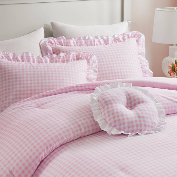 English Elm 4-piece Gingham Ruffle Comforter Set Romantic Cottage Bedroom Brushed Polyester Fill Pink B035P463188