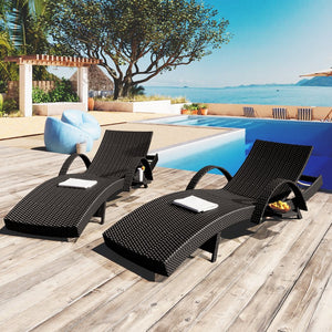 English Elm K&K 80" Outdoor Wicker Chaise Lounge Set of 2 with 2000H UV Wicker, Pull-Out Side Table, 4-Position Recliner Black WF321204AAB