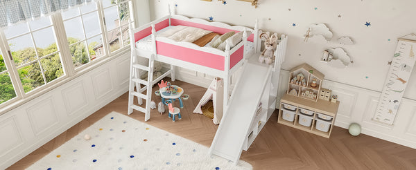 English Elm Twin Loft Bed Solid Pine Frame with Wardrobe Shelving Detachable Slide Kids Room Pink+White W5305S00016