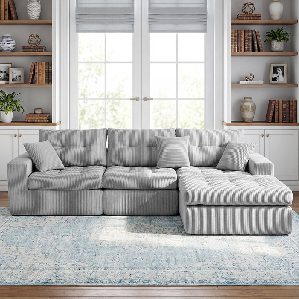 English Elm Corduroy L-shaped Sectional Sleeper Sofa No Assembly Needed for Apartments Light Gray W5532S00033