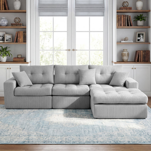 English Elm Corduroy L-shaped Sectional Sleeper Sofa No Assembly Needed for Apartments Light Gray W5532S00033