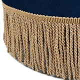 English Elm Yolanda 24" Round Upholstered Accent Ottoman, Navy Blue Velvet With Gold Trim