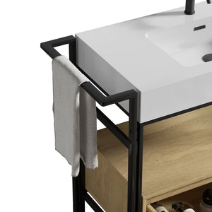 English Elm FORTE 36" Industrial Modular Bathroom Vanity with Durable Metal Frame, Quartz Basin, Soft-Close Drawer Oak,White W1865S00177