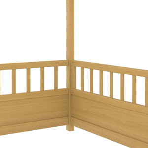 English Elm Full Full-Size Montessori Floor Bed with High Safety Fence, Clockwise Door, Pine Frame & Support Slats Natural W1858P310085