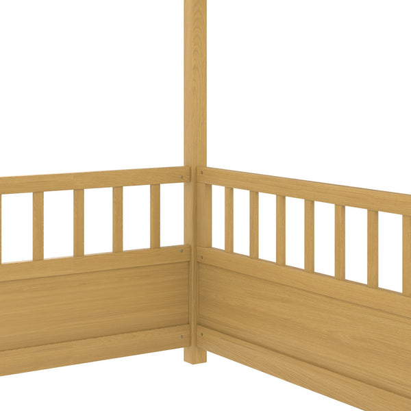 English Elm Full Full-Size Montessori Floor Bed with High Safety Fence, Clockwise Door, Pine Frame & Support Slats Natural W1858P310085