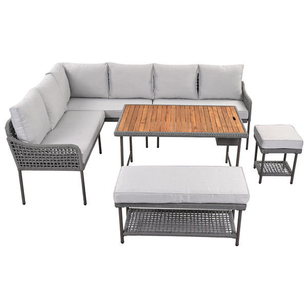 English Elm K&K 6-Piece Rope Patio L-Shaped Sectional Set with Acacia Wood Ice Box Table and Deep Cushions Grey N707S000014G