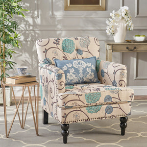 English Elm Christopher Knight Home® - HARRISON Tufted Club Chair with Diamond-Stitched Back, Nailhead Trim and Turned Birch Legs for Comfort and Style White+Blue 53444.00FWBLU