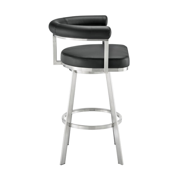 English Elm Pryden 30" Swivel Bar Stool Brushed Stainless & Black Faux Leather — 360° Swivel, Easy-Clean Comfort B2736P354321