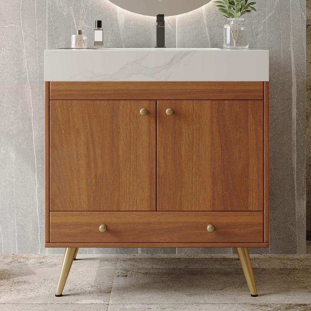 English Elm Mid-century Freestanding Bathroom Vanity with Marble Stone Top Gold Legs Storage W3136S00066