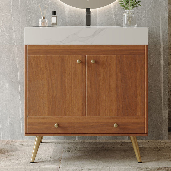 English Elm Mid-century Freestanding Bathroom Vanity with Marble Stone Top Gold Legs Storage W3136S00066
