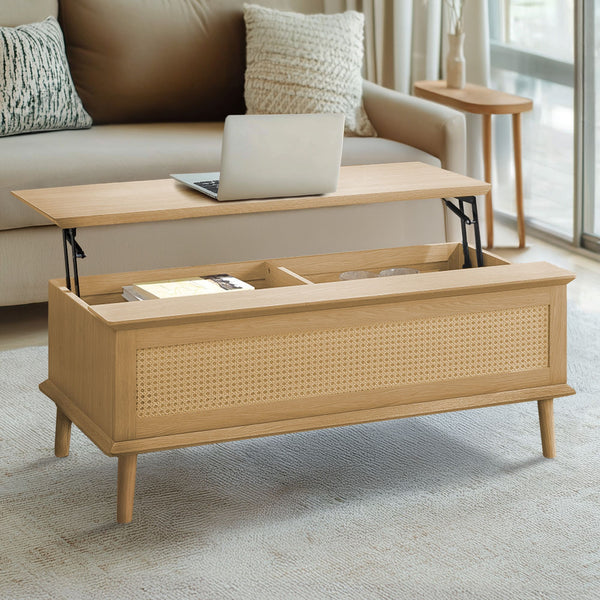 JLA Home 510 Design - Lift-Top Rattan Coffee Table with Soft-Close Lift, Hidden Storage, Mid-Century Wood Legs, Versatile Surface FUR120-0055