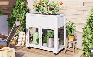 English Elm TOPMAX Mini Cold Frame Greenhouse with Fir Wood, Polycarbonate Doors, Raised Bed & Removable Wheels White N717P229026K