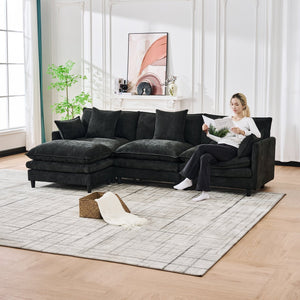 English Elm 140.9-inch U-shaped Modular Sectional Sofa with Ottomans Chenille Cloud Cushions Black W288S00030