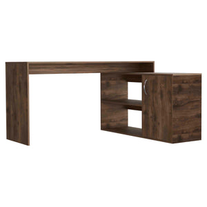English Elm Antlia Brown L-Shaped Writing Desk with Single Door Cabinet and Two Shelves, 59.6" x 25.4" B128S00160
