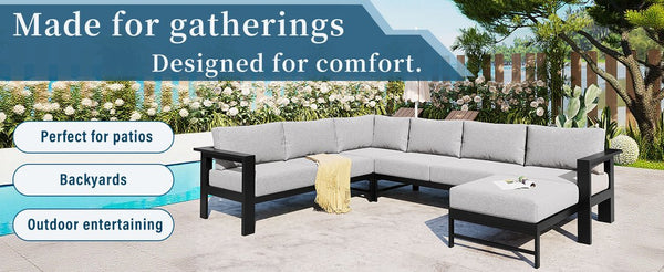 English Elm U_style Outdoor U-shaped Sectional with Iron Frame and Ultra Thick Foam Patio Seating WY000478AAE