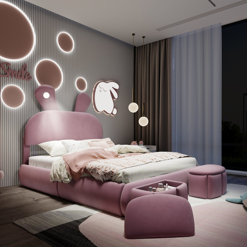 English Elm Full Pink Velvet Platform Bed Cartoon Ear Headboard Led Light Storage Stools N709P195300H-1
