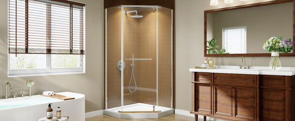English Elm Corner Frameless Neo-angle Pivot Shower Enclosure with Tempered Glass and Sleek Hardware Brushed Nickel W637P348806