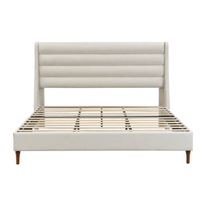 English Elm King Upholstered Platform Bed Frame King Size with High Wave Headboard, Chenille Ivory, Noise-Free EVA, 1000lb Capacity, No Box Spring Needed, Easy Velcro Assembly W1716P362410