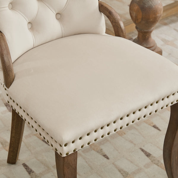 English Elm Velvet Upholstered Dining Chair with Handmade Tufting, Solid Wood Handles, Copper Nail Trim, Set of 2 Beige W1143P338140